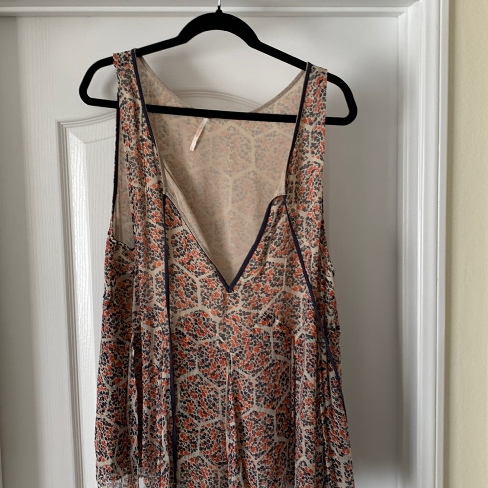 Free People Cream Floral V-Neck Tank with Coral & Navy Accents